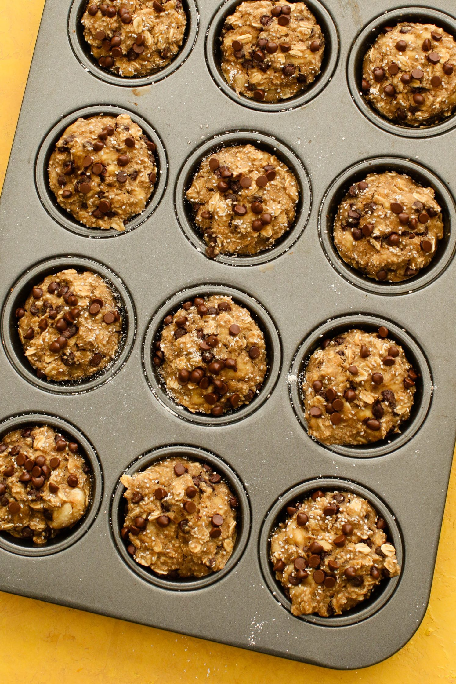 Banana Chia Chocolate Chip Muffins baked in muffin tin