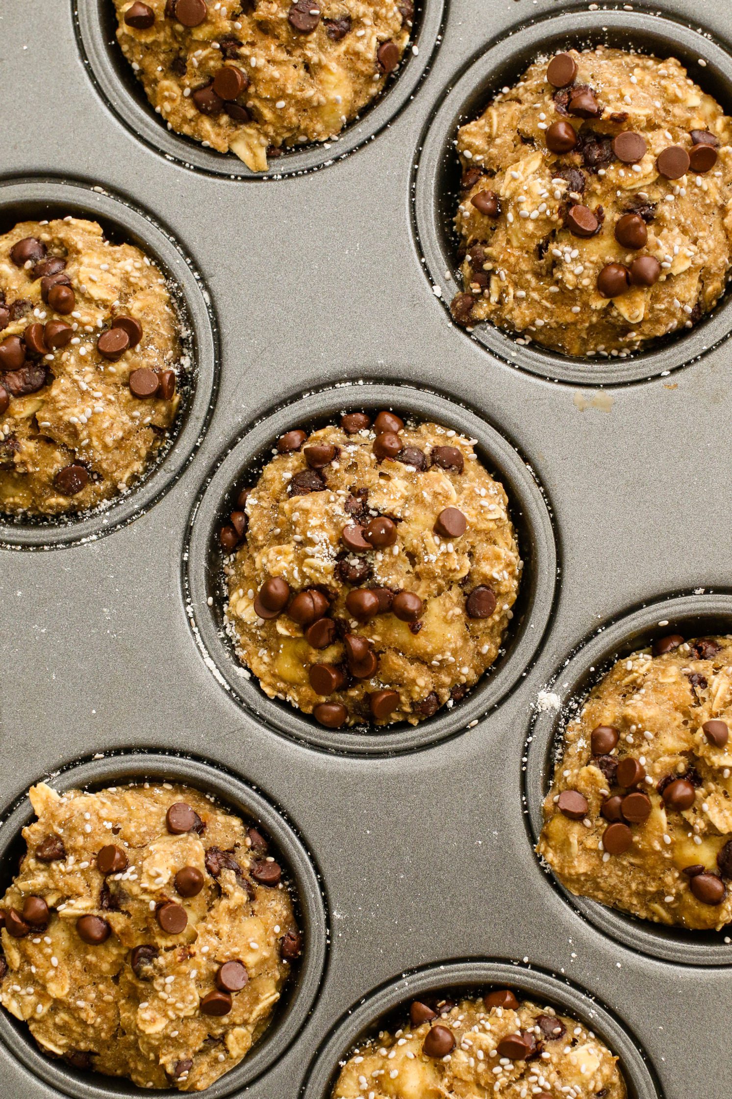 Banana Chia Chocolate Chip Muffins baked in muffin tin