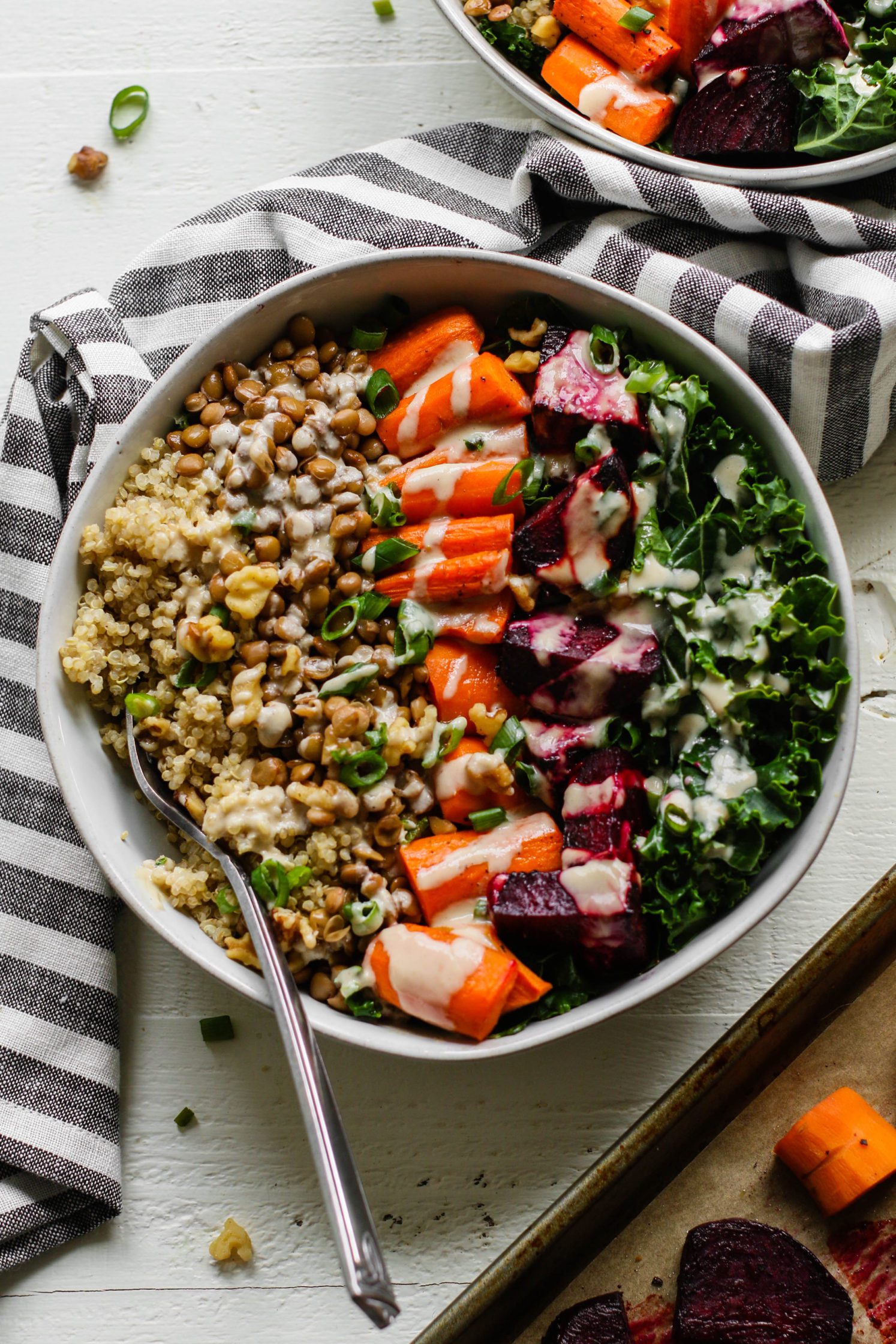 Roasted Beet Macro Bowl with Lemon Tahini Dressing by Flora & Vino