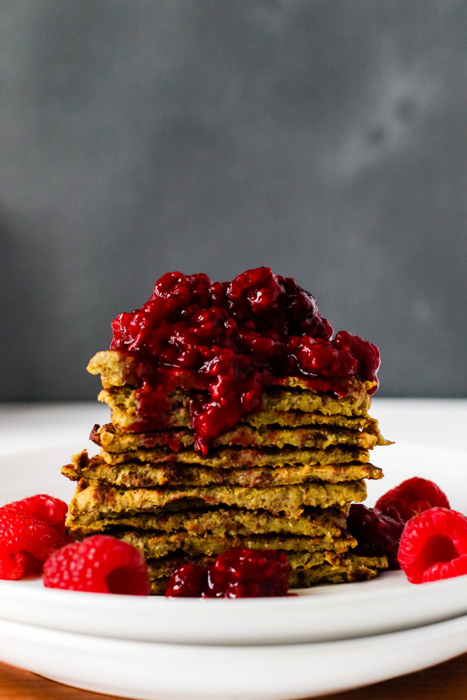 Golden Beet Protein Pancakes with Easy Raspberry Compote 