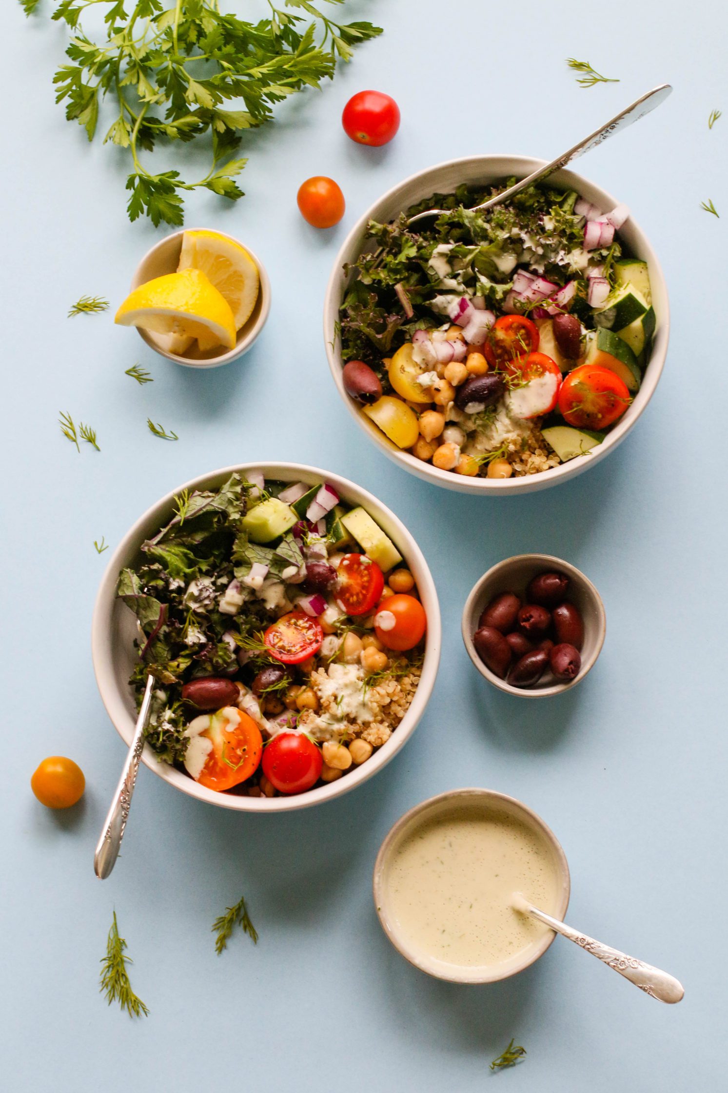 Greek Power Bowls with Cucumber Yogurt Tzatziki Sauce by Flora & Vino