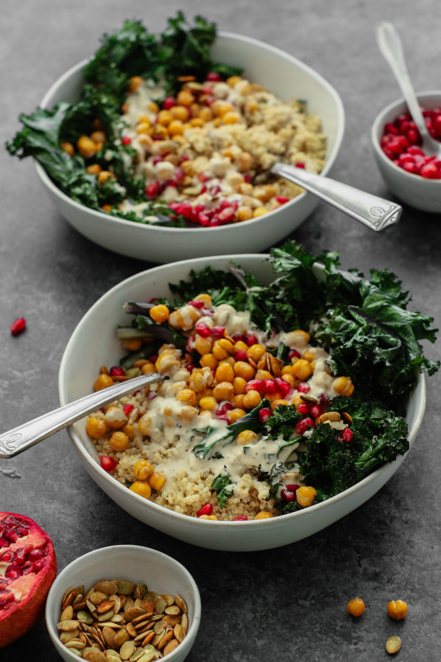 Garlicky Chickpeas & Kale Bowl served in bowls with Creamy Tahini by Flora & Vino 