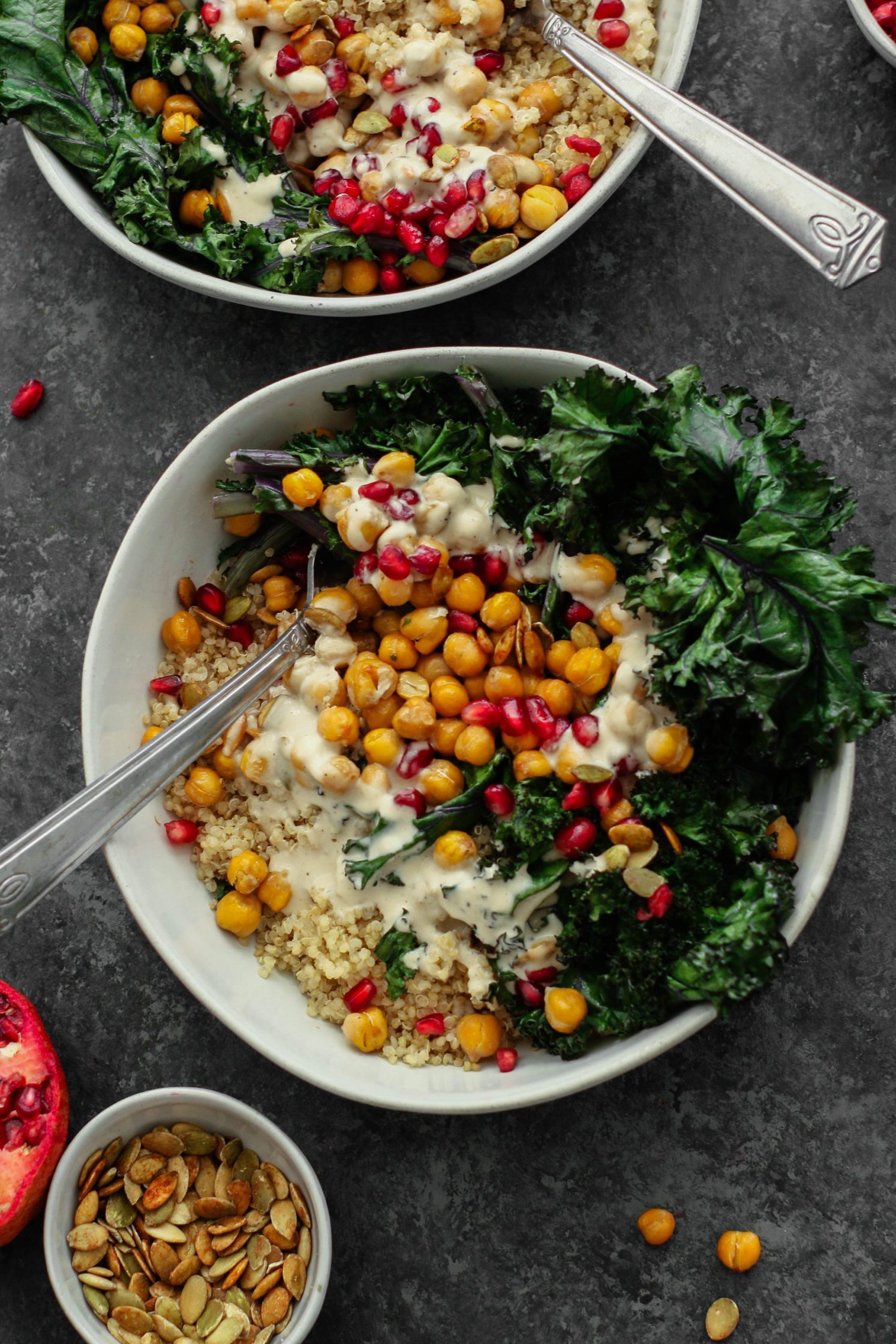 Garlicky Chickpeas & Kale Bowl served in bowls with Creamy Tahini by Flora & Vino 