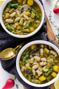 Spring Lemony Leek Soup with White Bean, Mushroom, & Asparagus by Flora & Vino