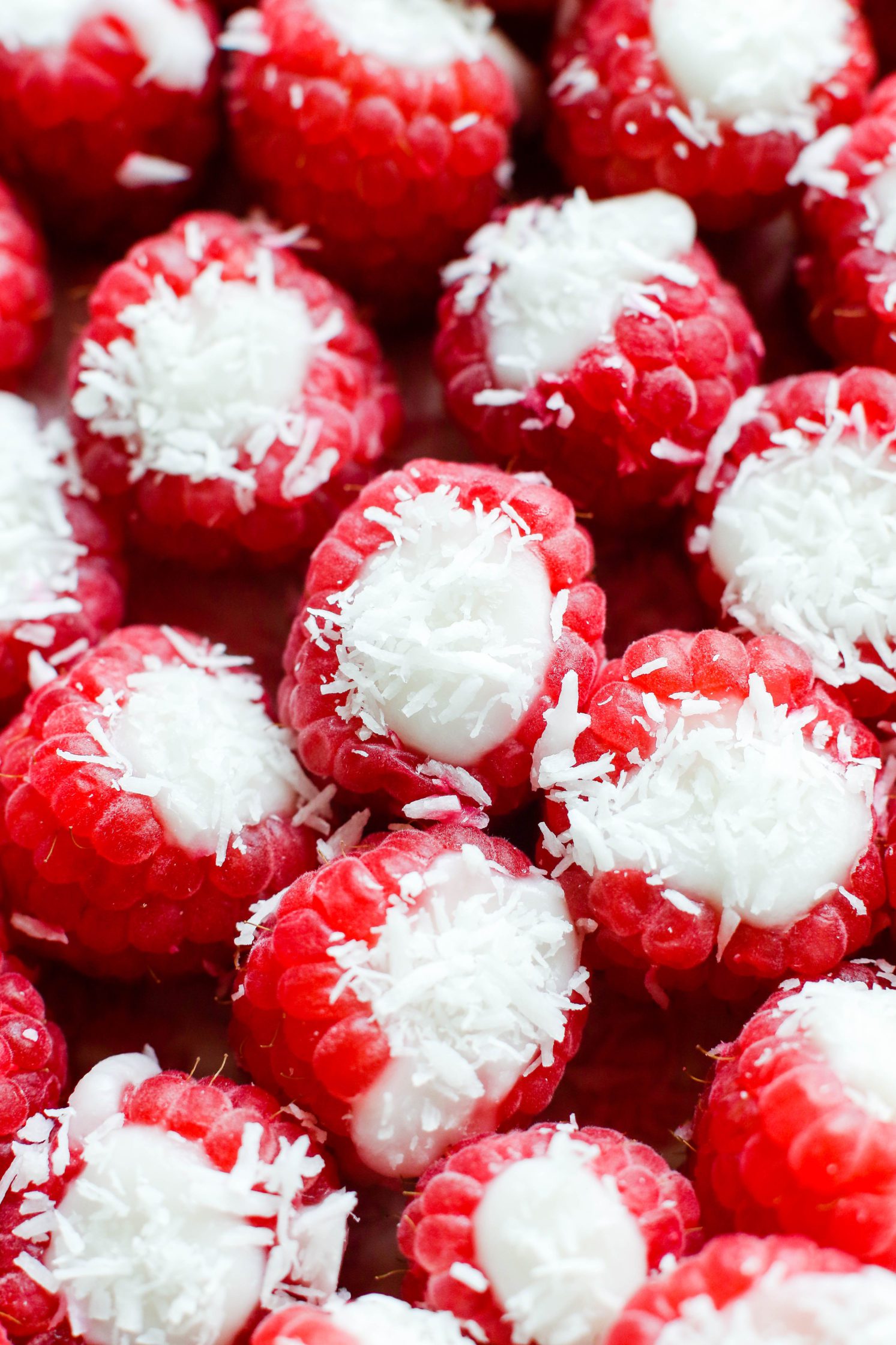 Coconut Stuffed Raspberries topped with shredded coconut