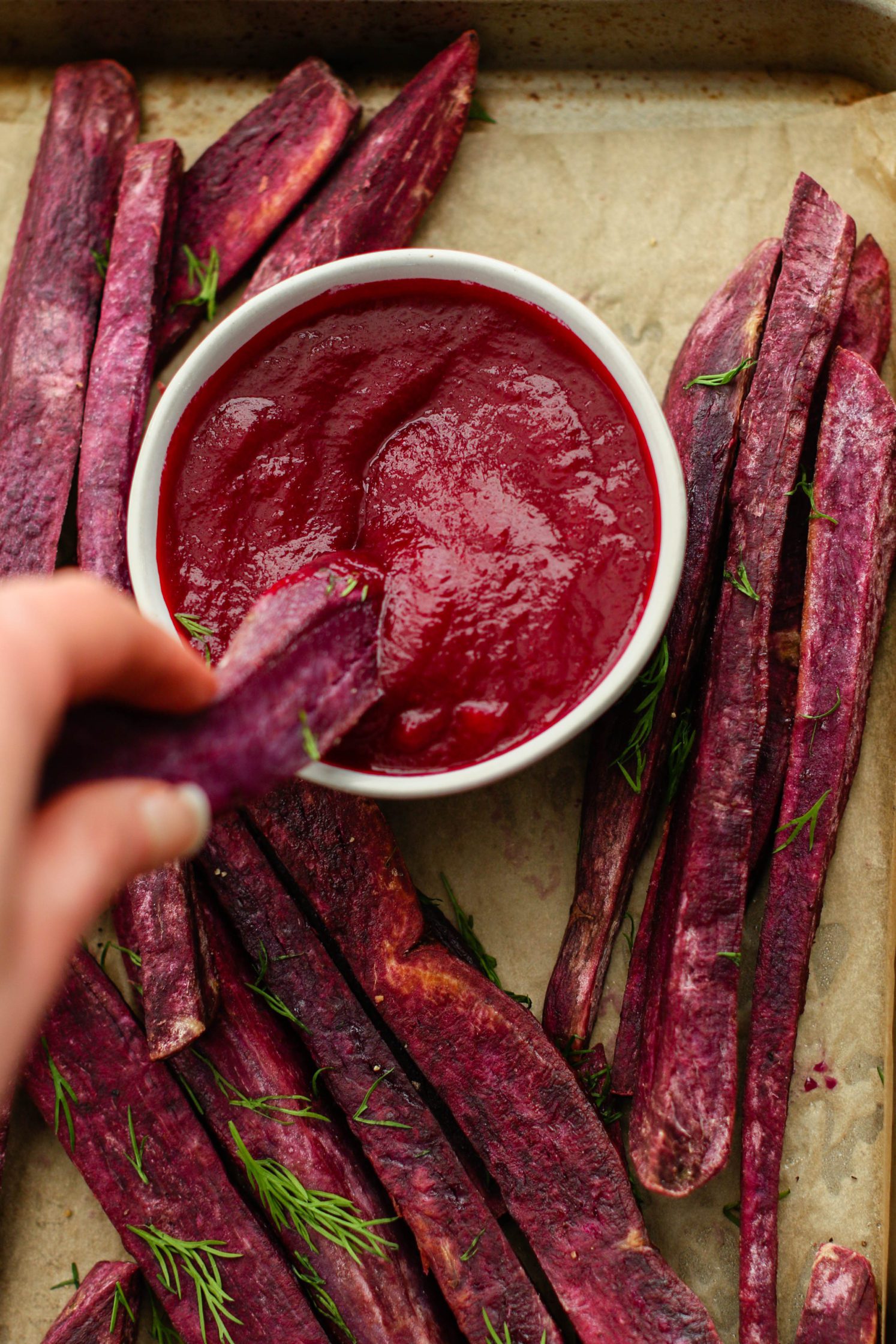 Oil-Free Purple Sweet Potato Fries with Beet Ketchup by Flora & Vino