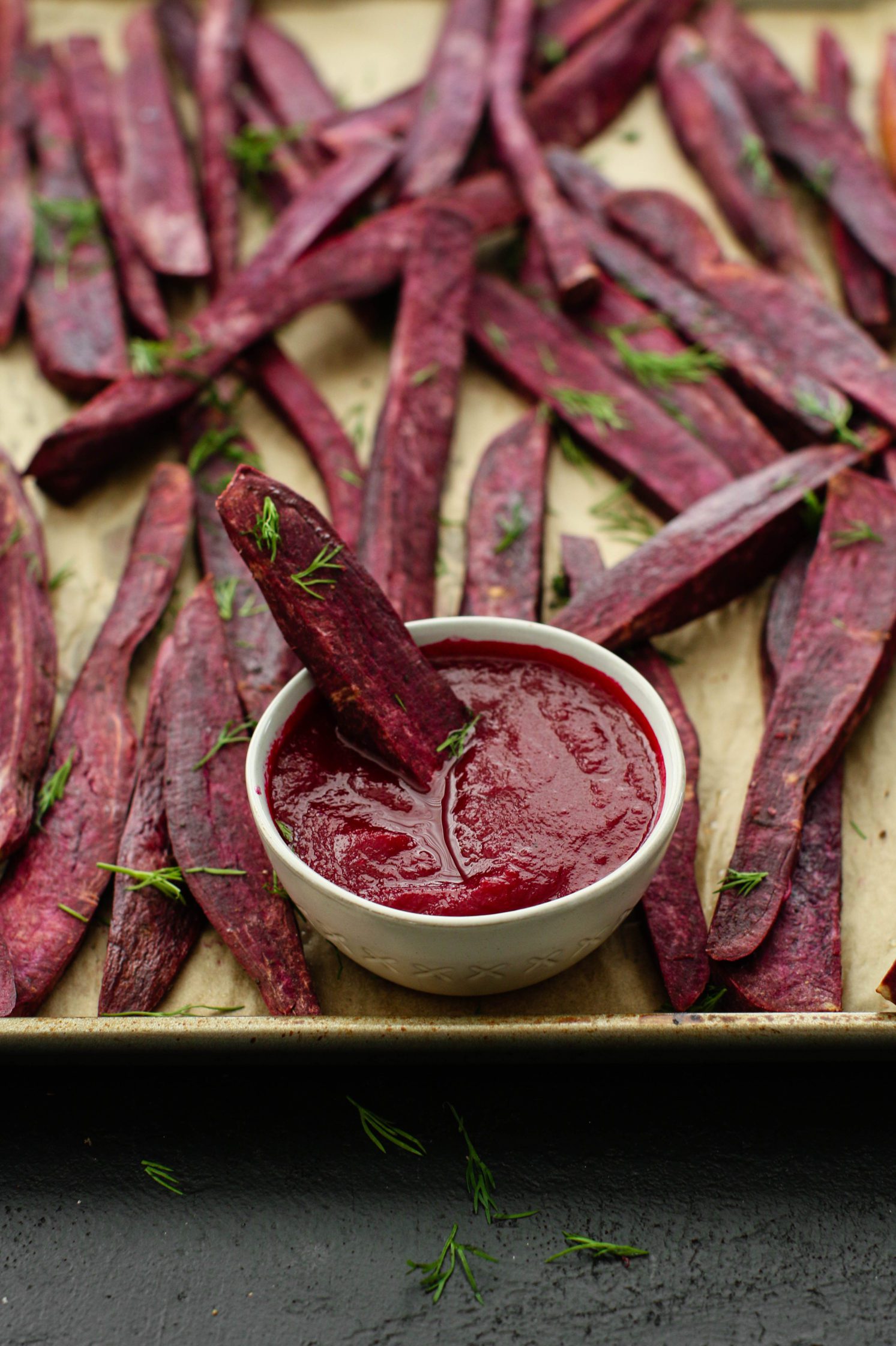 Oil-Free Purple Sweet Potato Fries with Beet Ketchup by Flora & Vino
