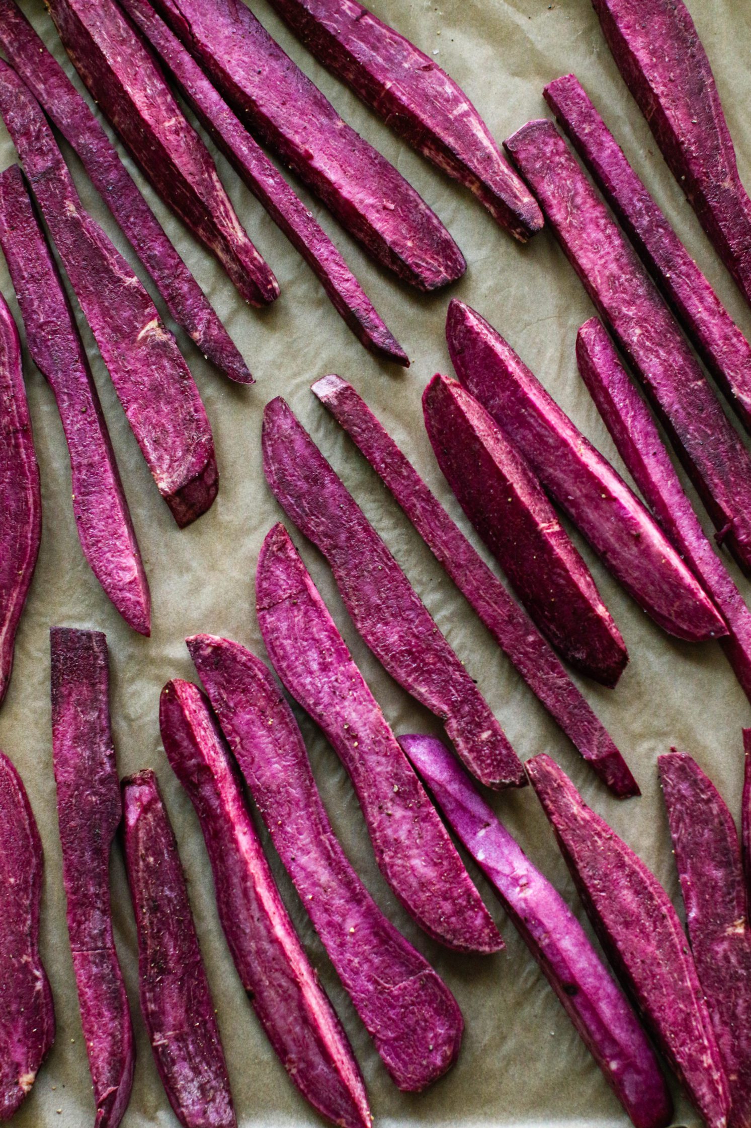 Oil-Free Purple Sweet Potato Fries with Beet Ketchup