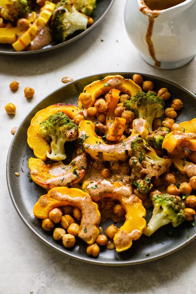 Delicata Chickpea Bake With Almond Butter “Gravy” by Flora & Vino