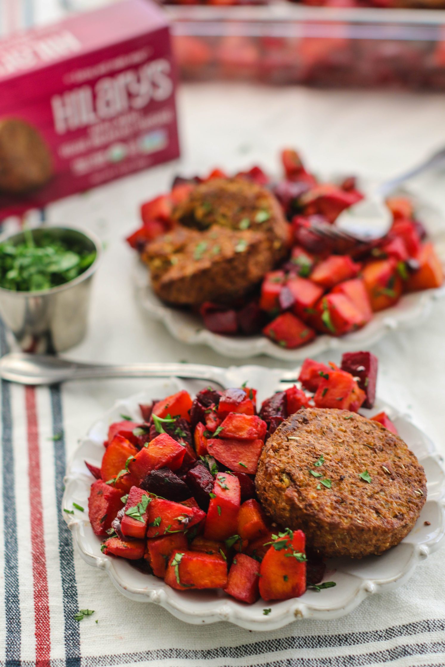 Sweet Potato & Beet Breakfast Hash served on white plates 
