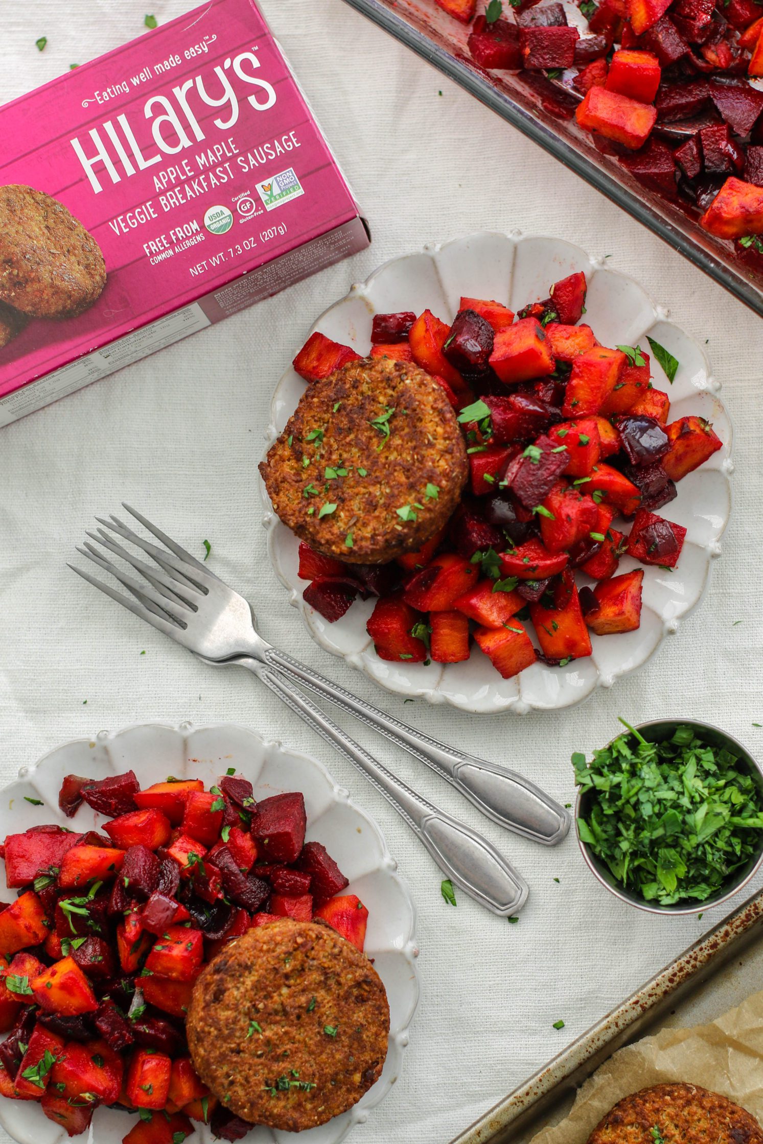 Sweet Potato & Beet Breakfast Hash served on plates with two forks
