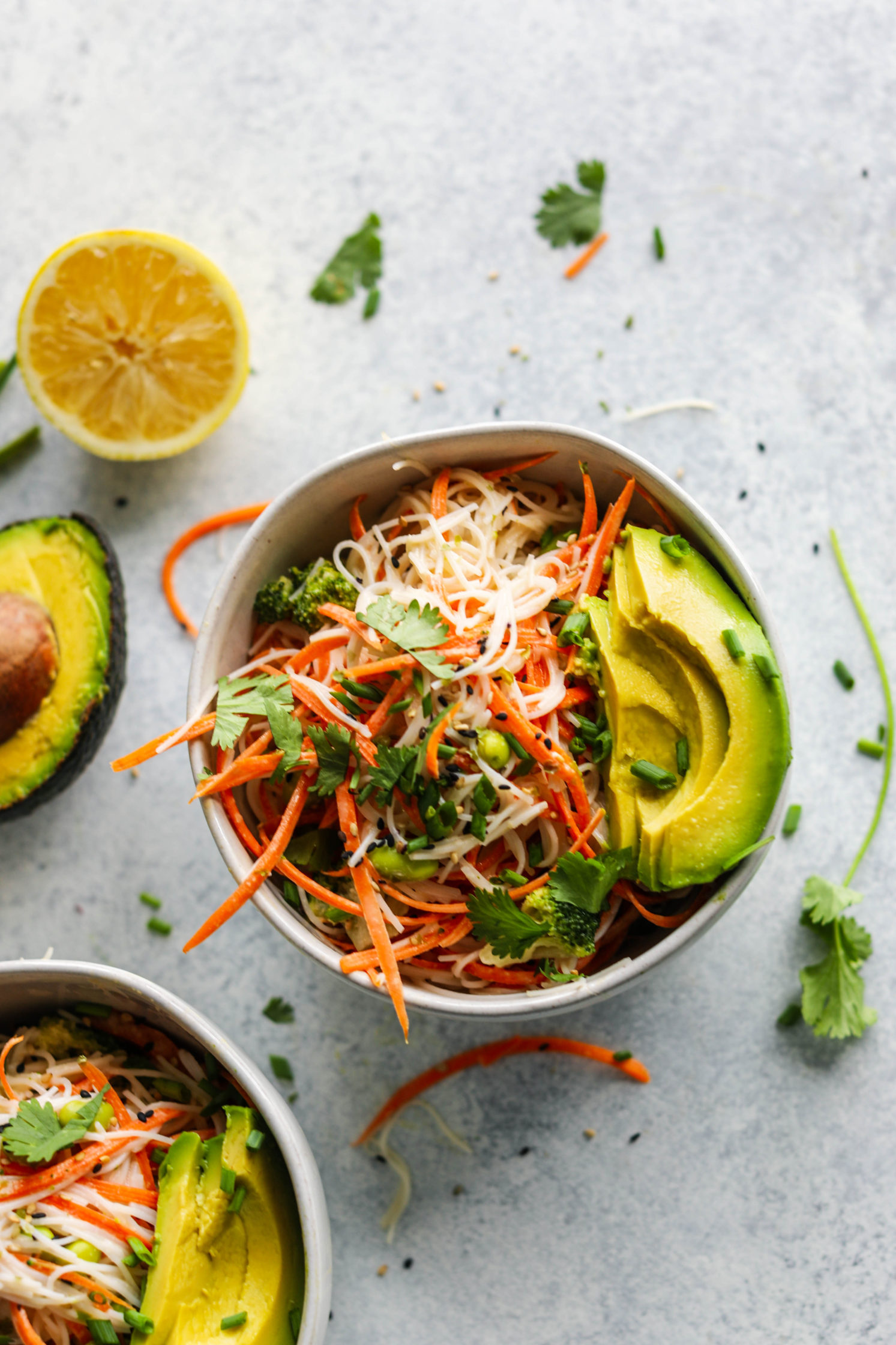 Rainbow Rice Noodle Bowls with Miso Tahini Dressing by Flora & Vino 
