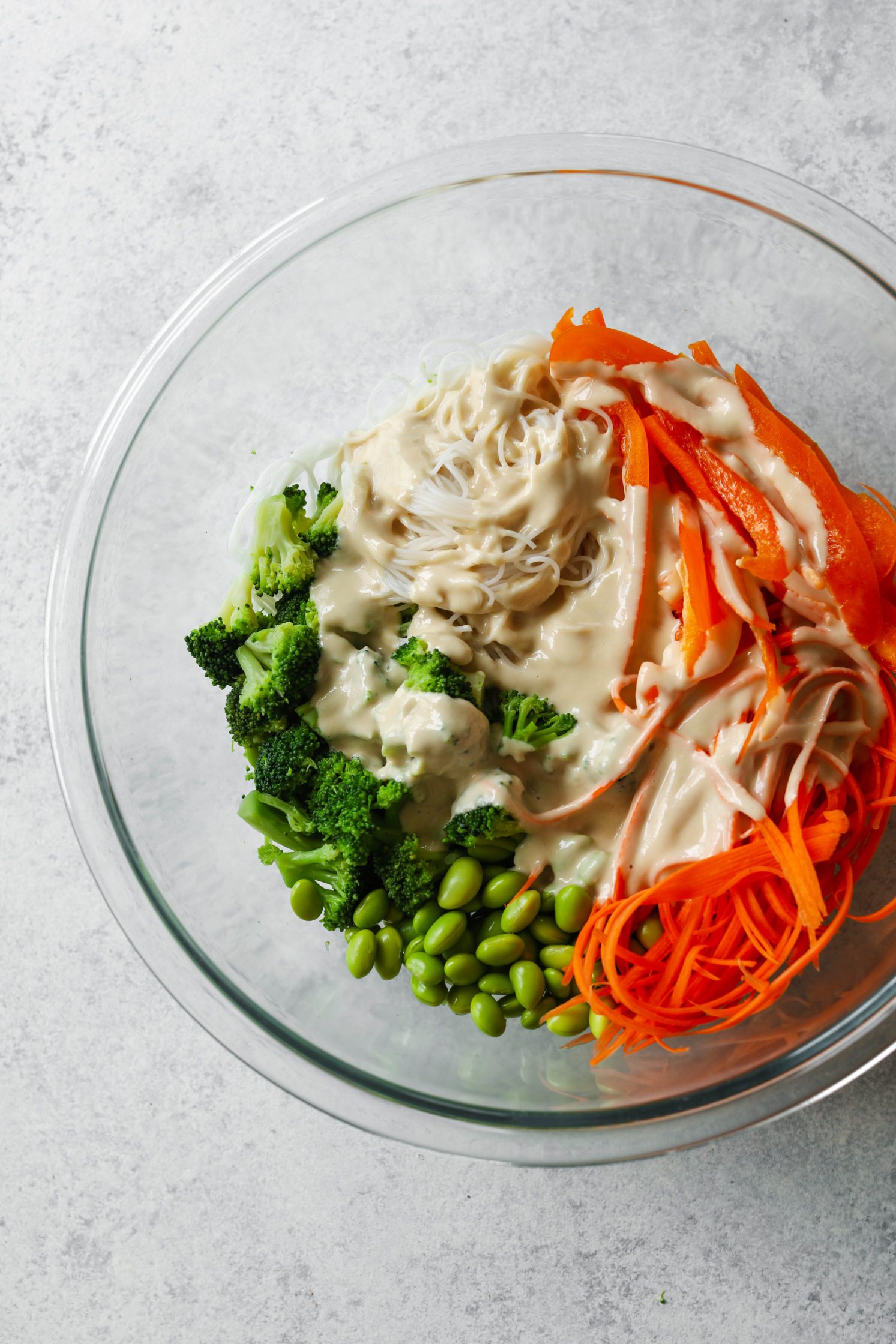 Rainbow Rice Noodle Bowls with miso tahini dressing 