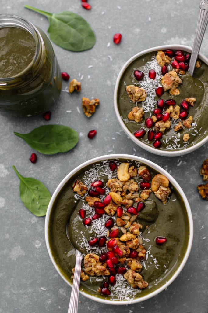 Evergreen Smoothie Bowl served in bowls with spoons by Flora & Vino