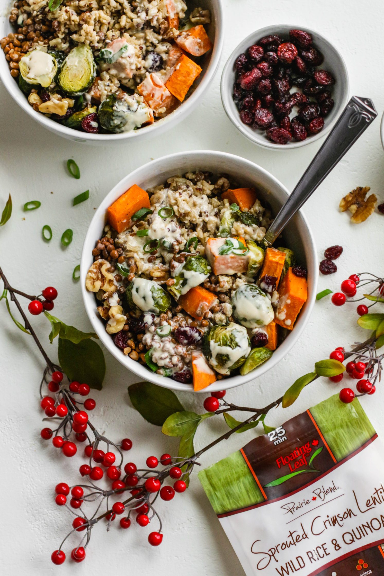 Holiday Macro Bowl served in white bowl with fork and miso tahini