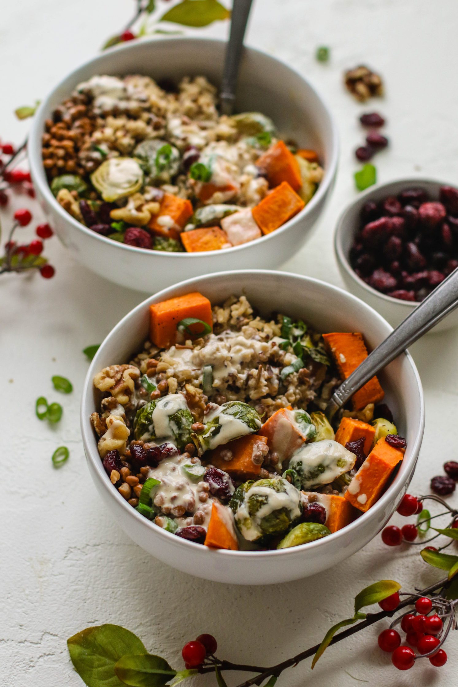 Holiday Macro Bowl served in white bowl with fork and miso tahini