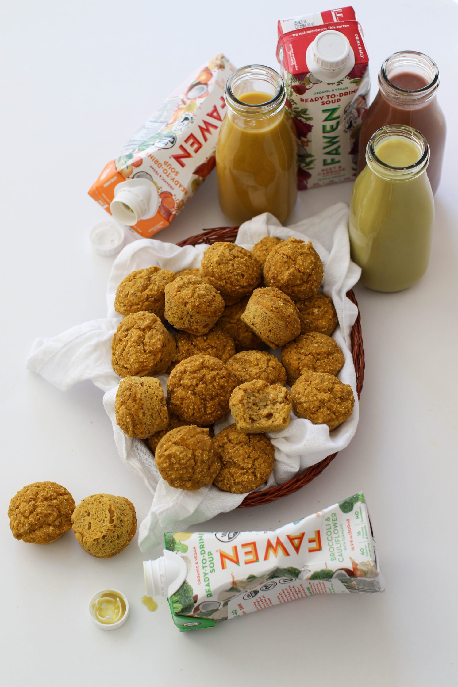 Pumpkin Cornbread Mini Muffins served in woven basket with white towel