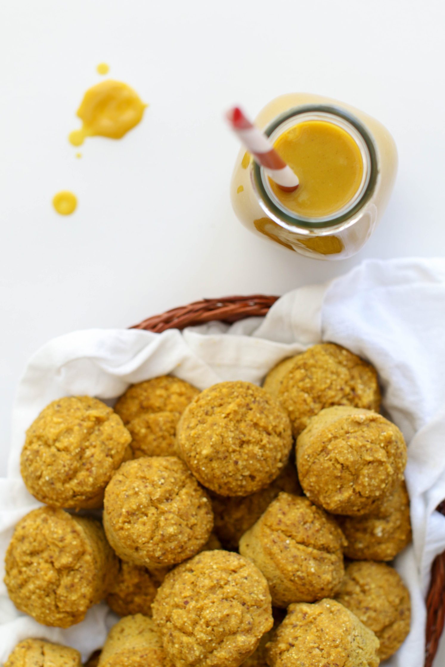 Pumpkin Cornbread Mini Muffins served in woven basket with white towel