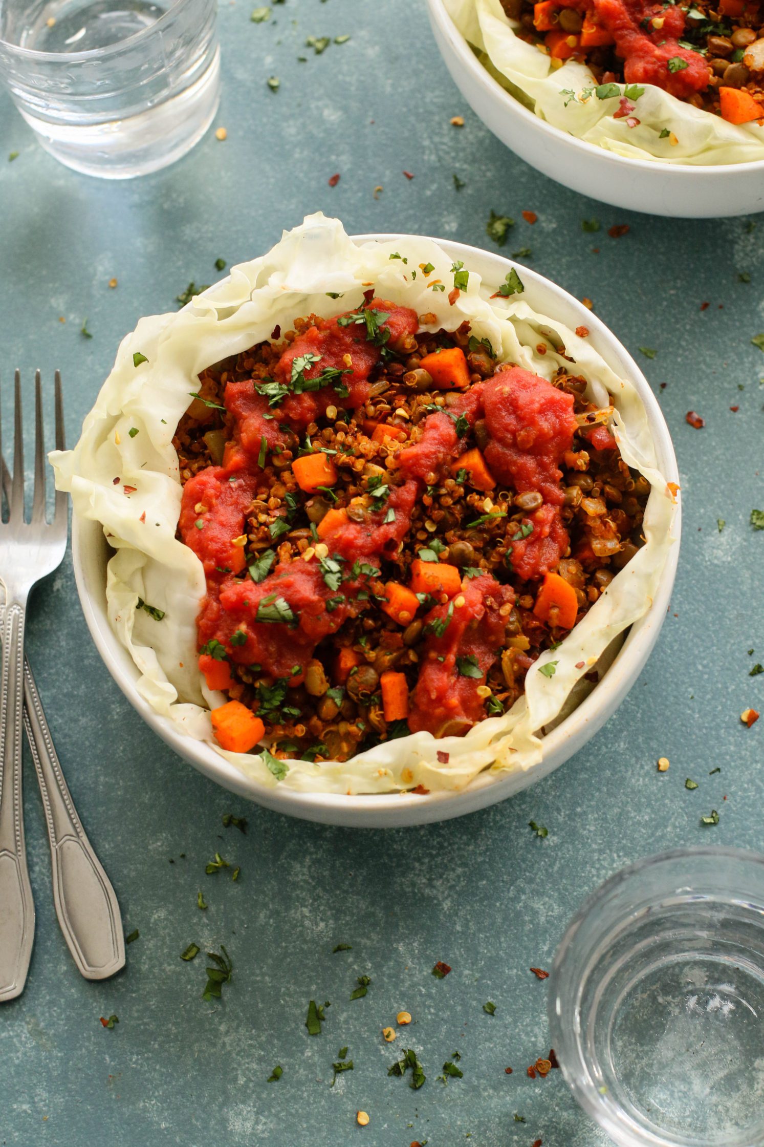 Spicy Marinara Stuffed Cabbage Bowls served in bowls topped with marinara sauce and green onion with water on the side