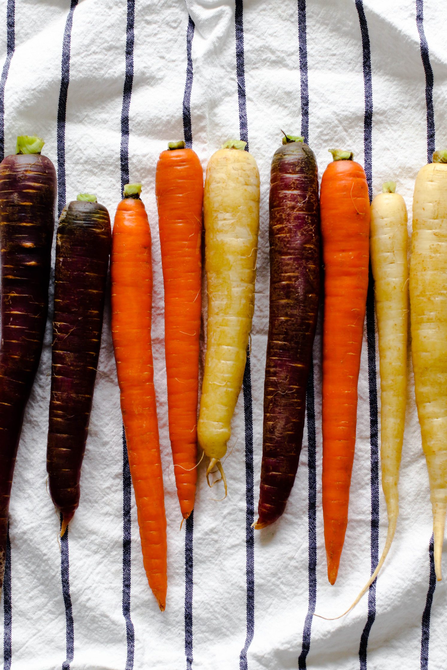 rinsed rainbow carrot on blue and white striped towel