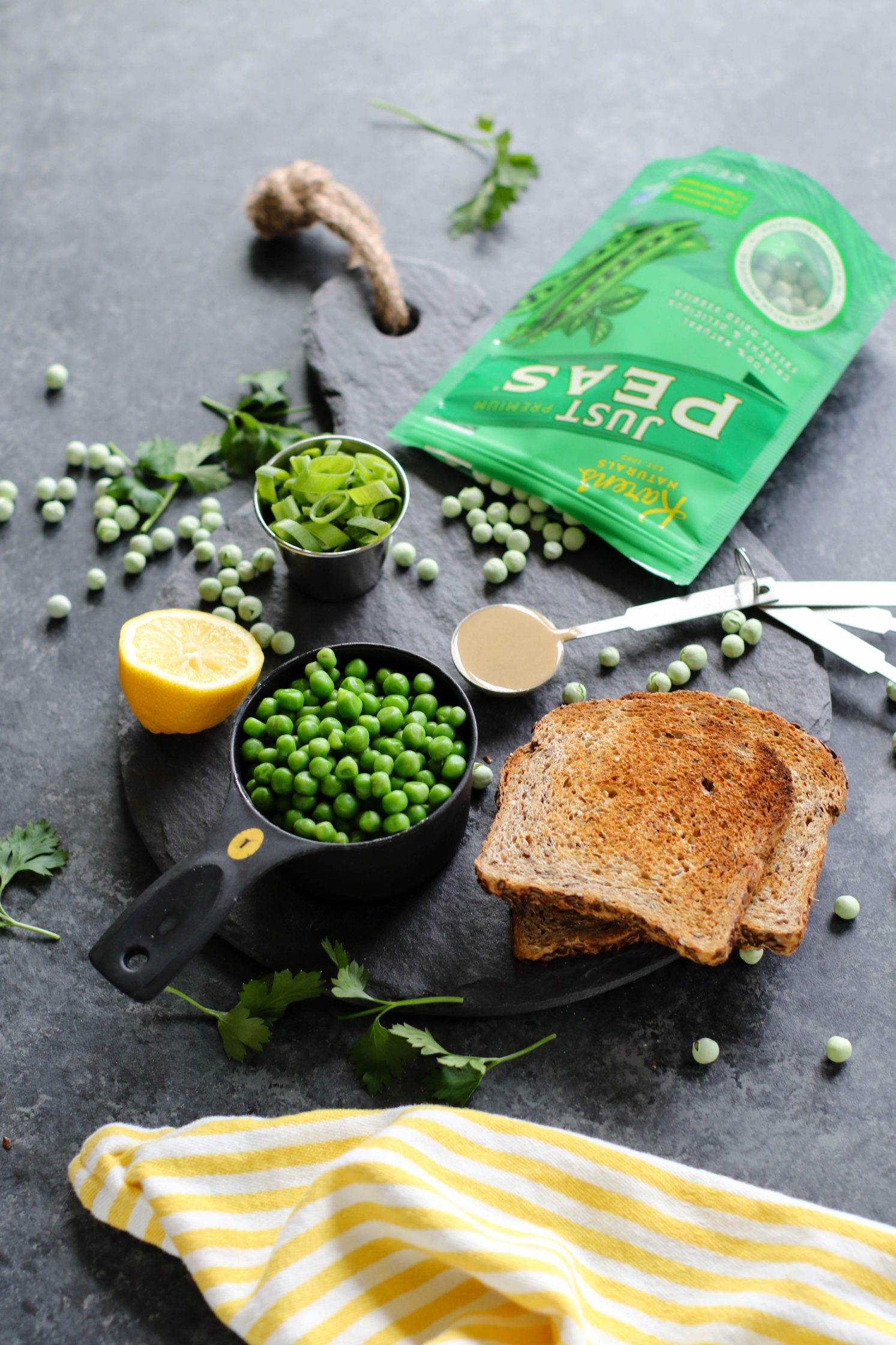 toast and peas on serving platter