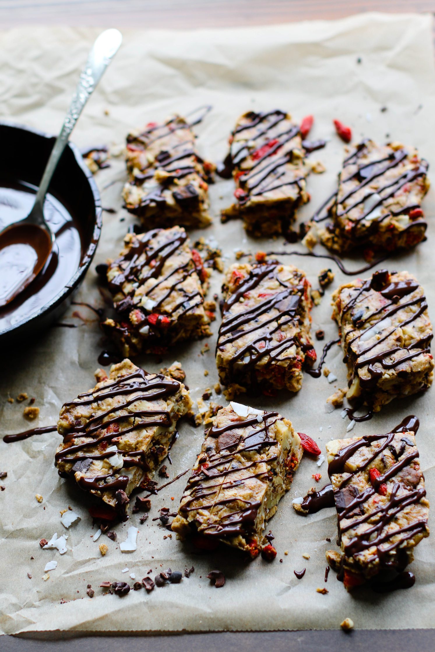 Raw Almond Butter Superfood Bars sliced into bars and drizzled with dark chocolate by Flora & Vino