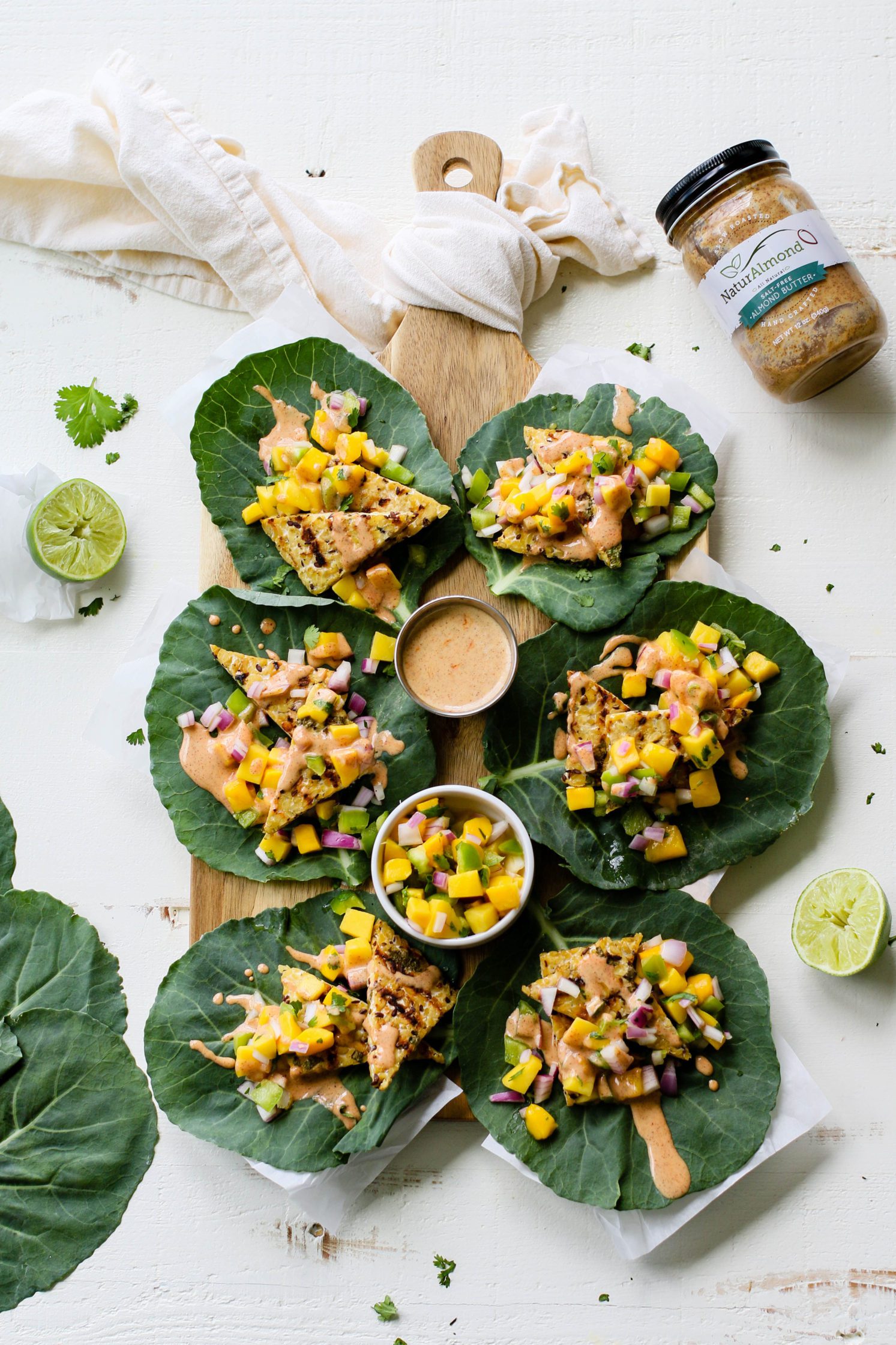 Grilled Tempeh Collard Wraps with Mango Salsa & Spicy Almond Butter Sauce