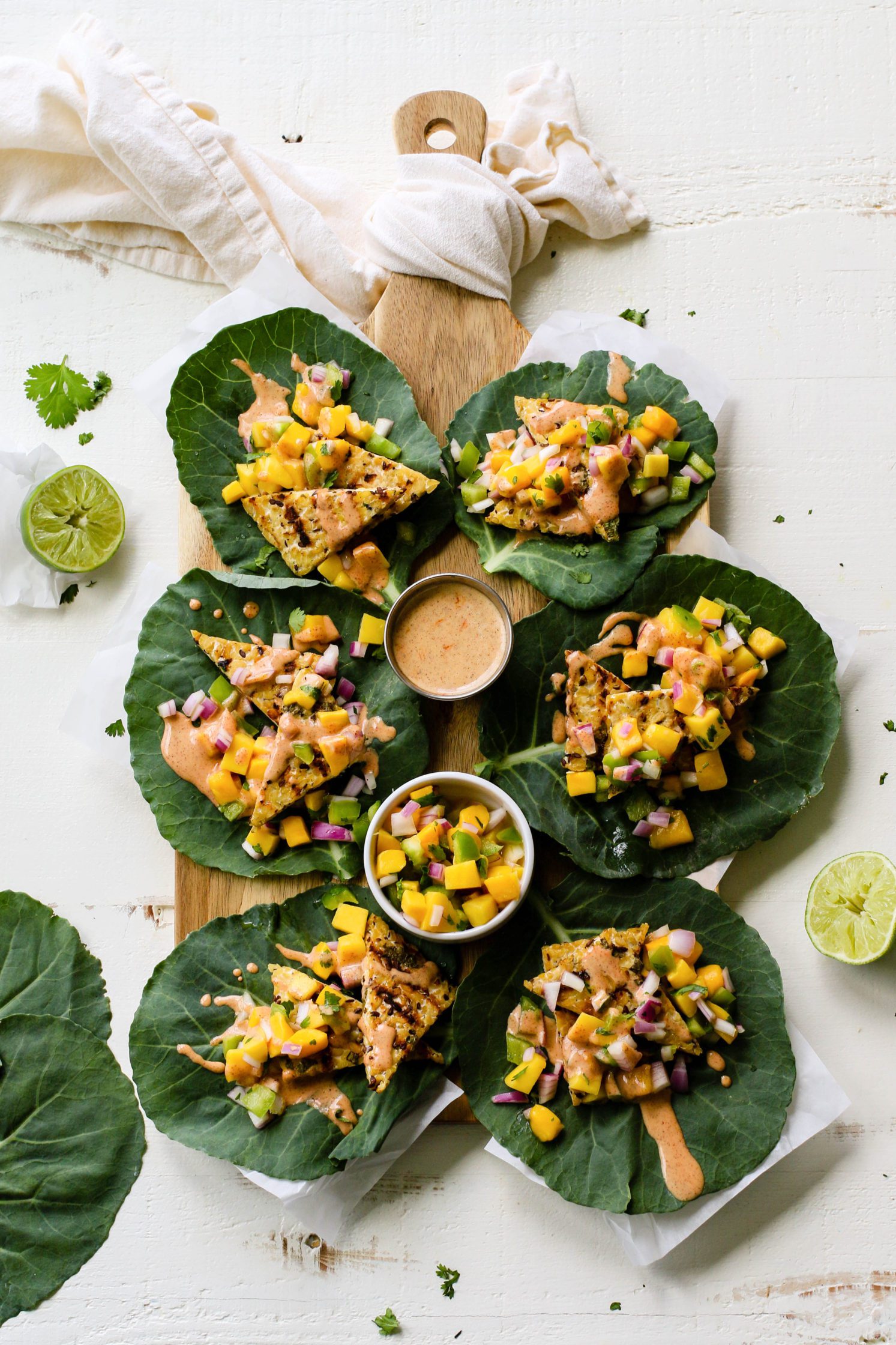 Grilled Tempeh Collard Wraps with Mango Salsa & Spicy Almond Butter Sauce