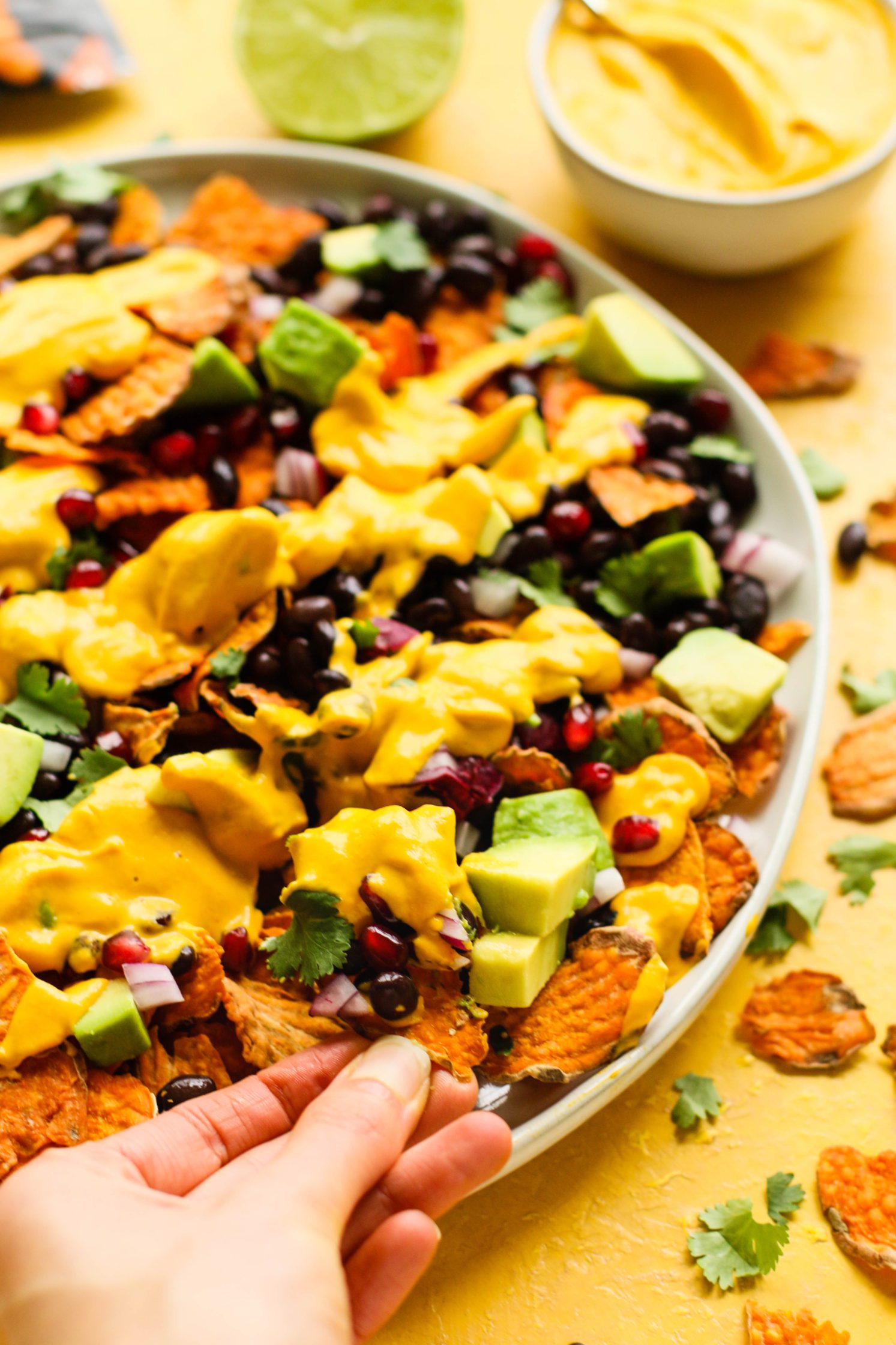 Loaded Sweet Potato Chip Nachos with Sweet Potato Nacho Cheese