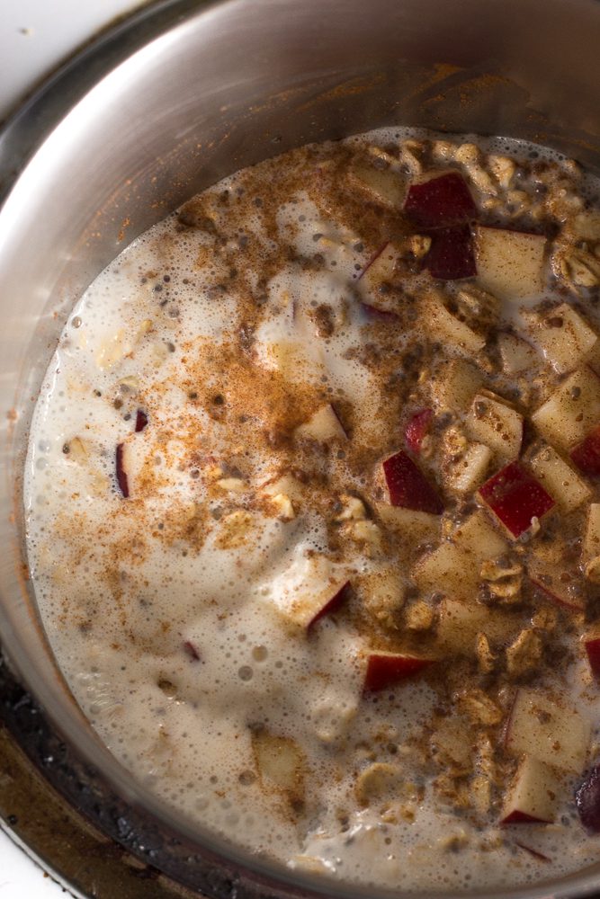 Apple Butter Stovetop Oats heated in pan by Flora & Vino 