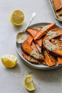 Oil-Free Sweet Potato Fries with Lemon & Tahini