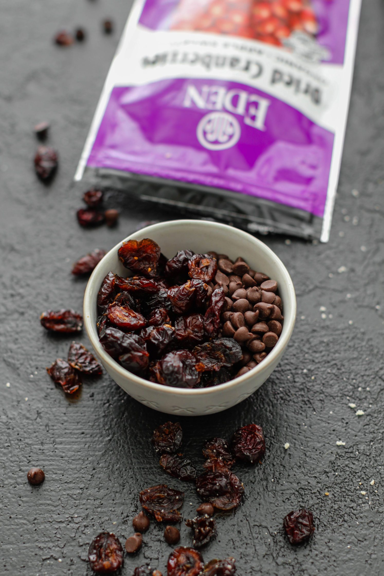 cranberries and chocolate chips in a bowl by Flora & Vino 