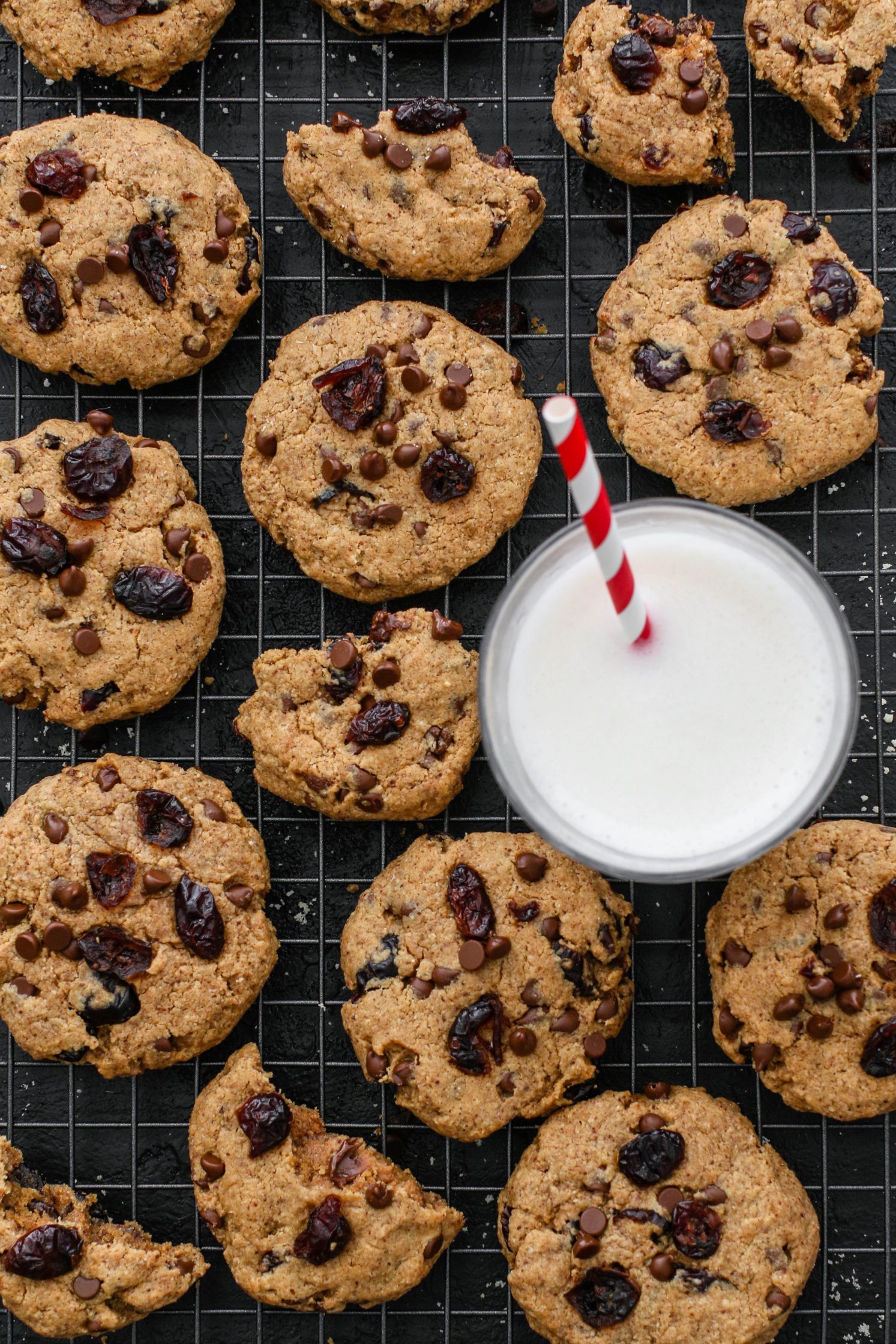 Flourless Cranberry Chocolate Chip Cookies on cooling rack with glass of almond milk by Flora & Vino
