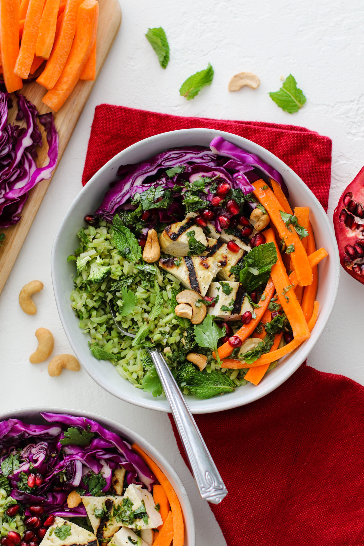 Broccoli Rice Bowl with Pomegranate & Grilled Tofu by Flora & Vino 