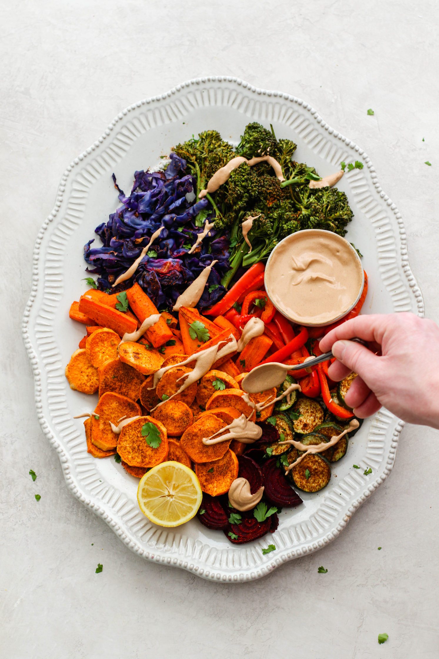 Oil-Free Roasted Veggies with Almond Butter Sauce