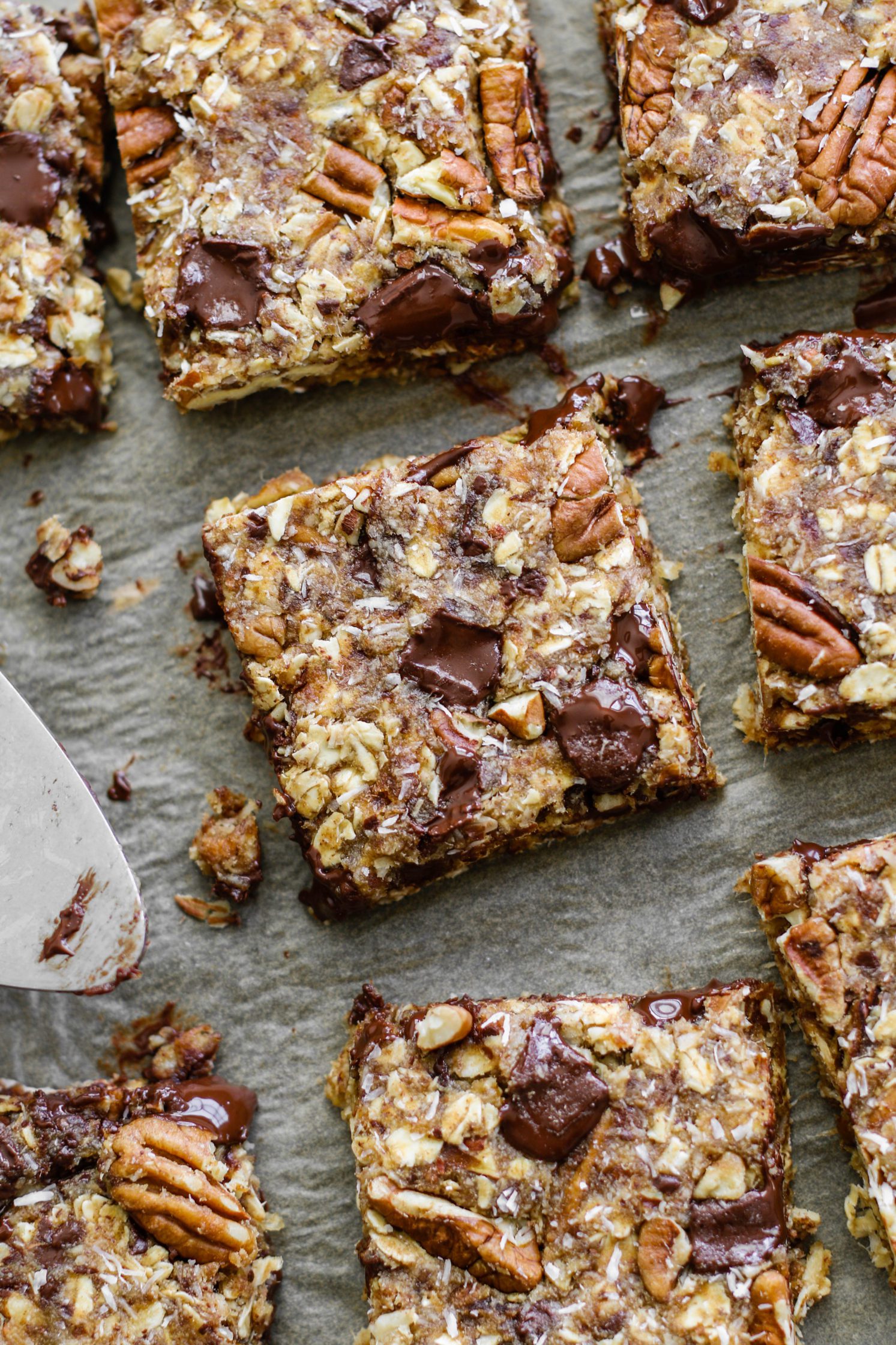 Healthy Magic Cookie Bars sliced into bars by Flora & Vino 