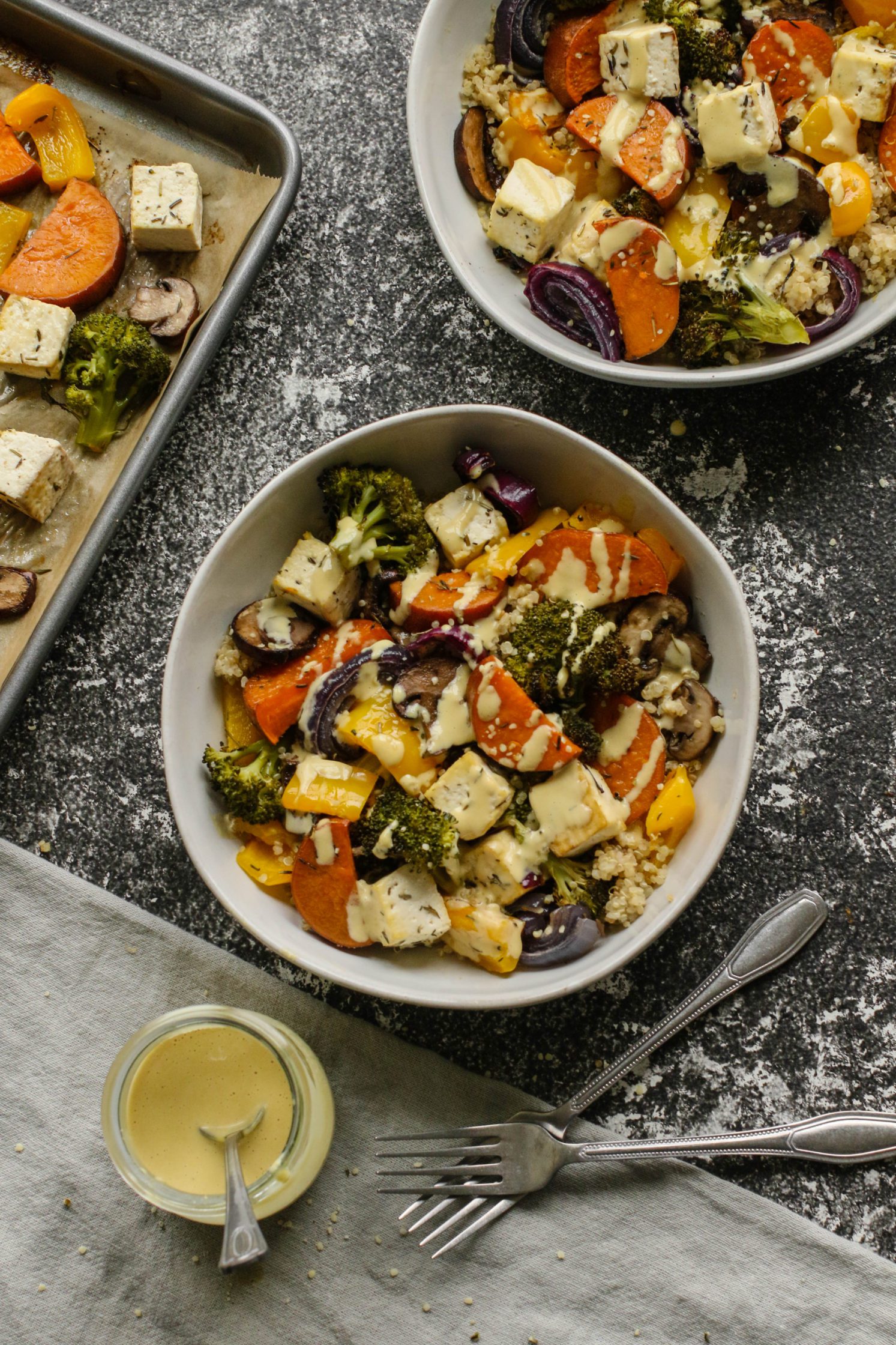 Tofu Sheet Pan Meal Recipe with Miso Tahini Sauce - Flora & Vino