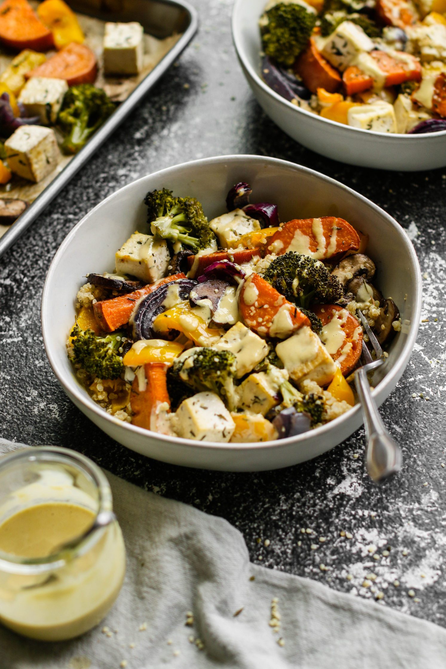 Tofu Sheet Pan Meal Recipe with Miso Tahini Sauce - Flora & Vino
