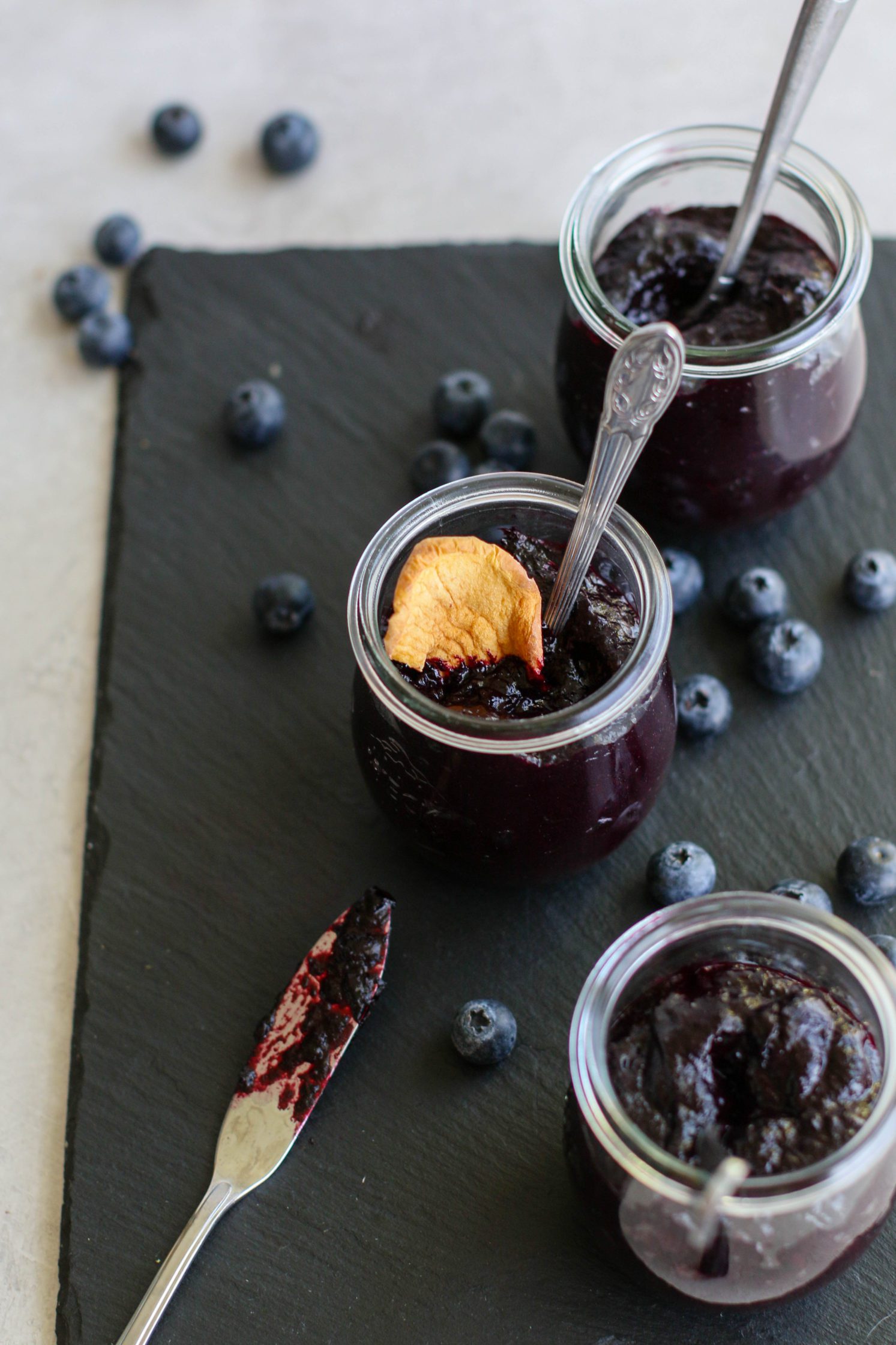 Blueberry Butter (No-Sugar-Added) in jars with spoon by Flora & Vino 