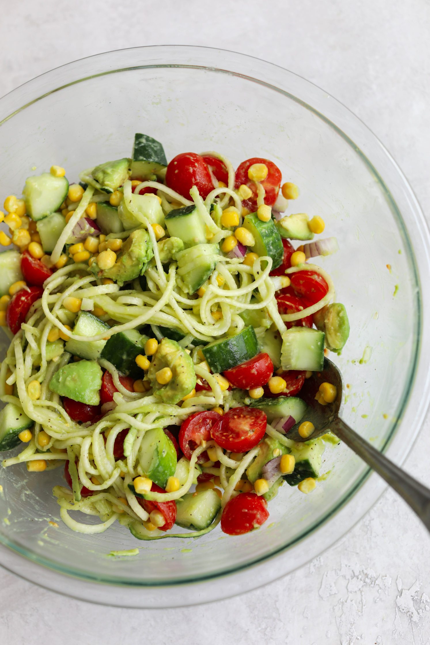 Corn, Tomato, & Avocado Salad with Zoodles (Oil-Free) by Flora & Vino 