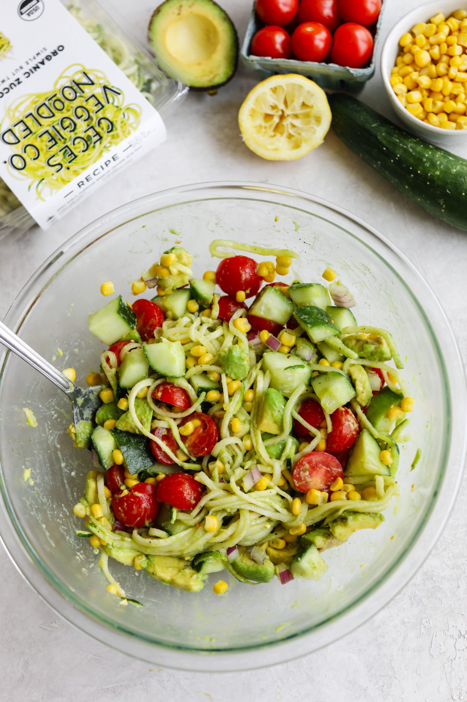 Corn, Tomato, & Avocado Salad with Zoodles (Oil-Free) by Flora & Vino 