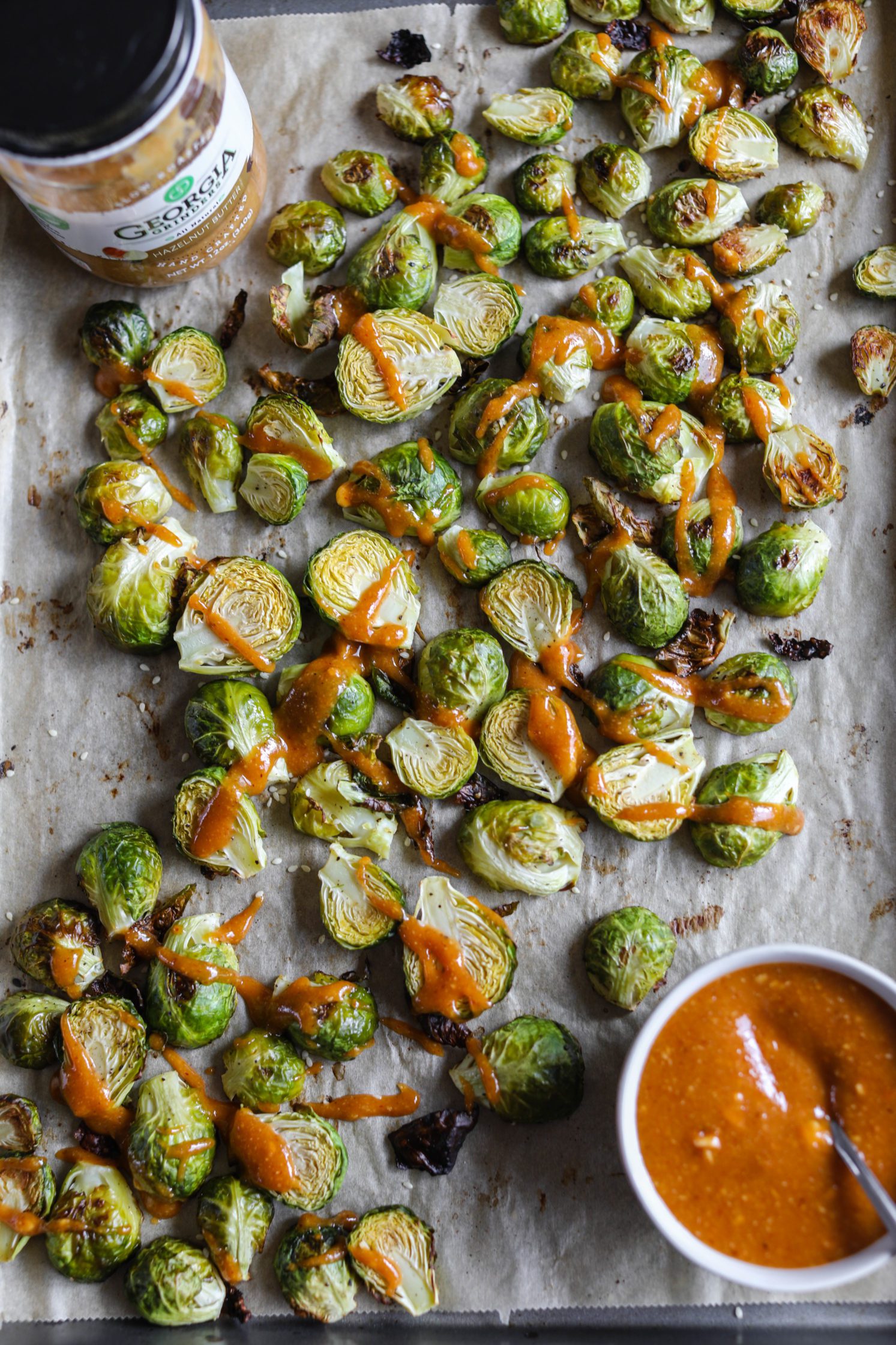 Roasted Brussels Sprouts with Hazelnut Butter Sauce by Flora & Vino 