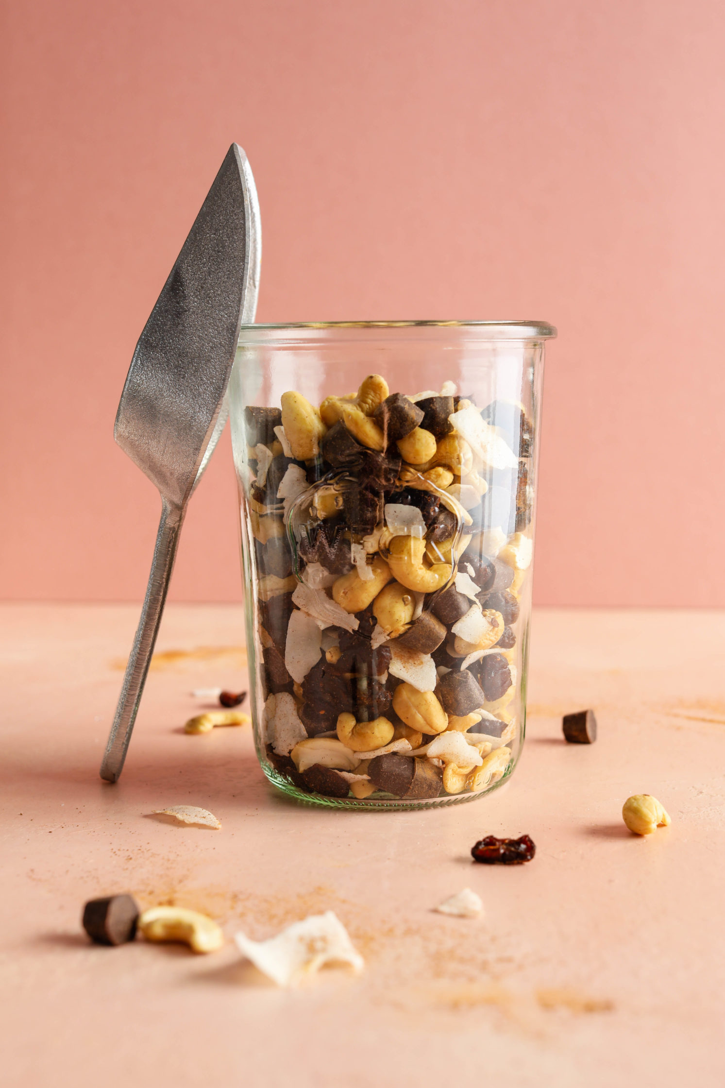 my go-to trail mix in mason jar with scoop 
