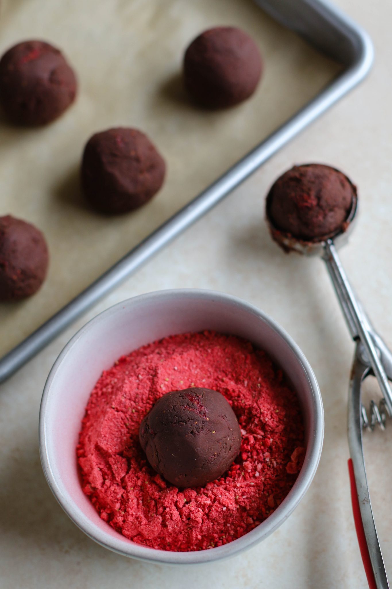 3-Ingredient Chocolate Strawberry Truffles in strawberry dust 