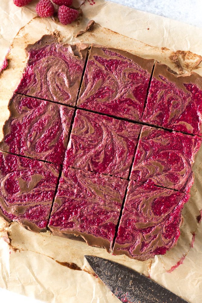 Raspberry Swirl Chocolate Cheesecake Bars by Flora  & Vino