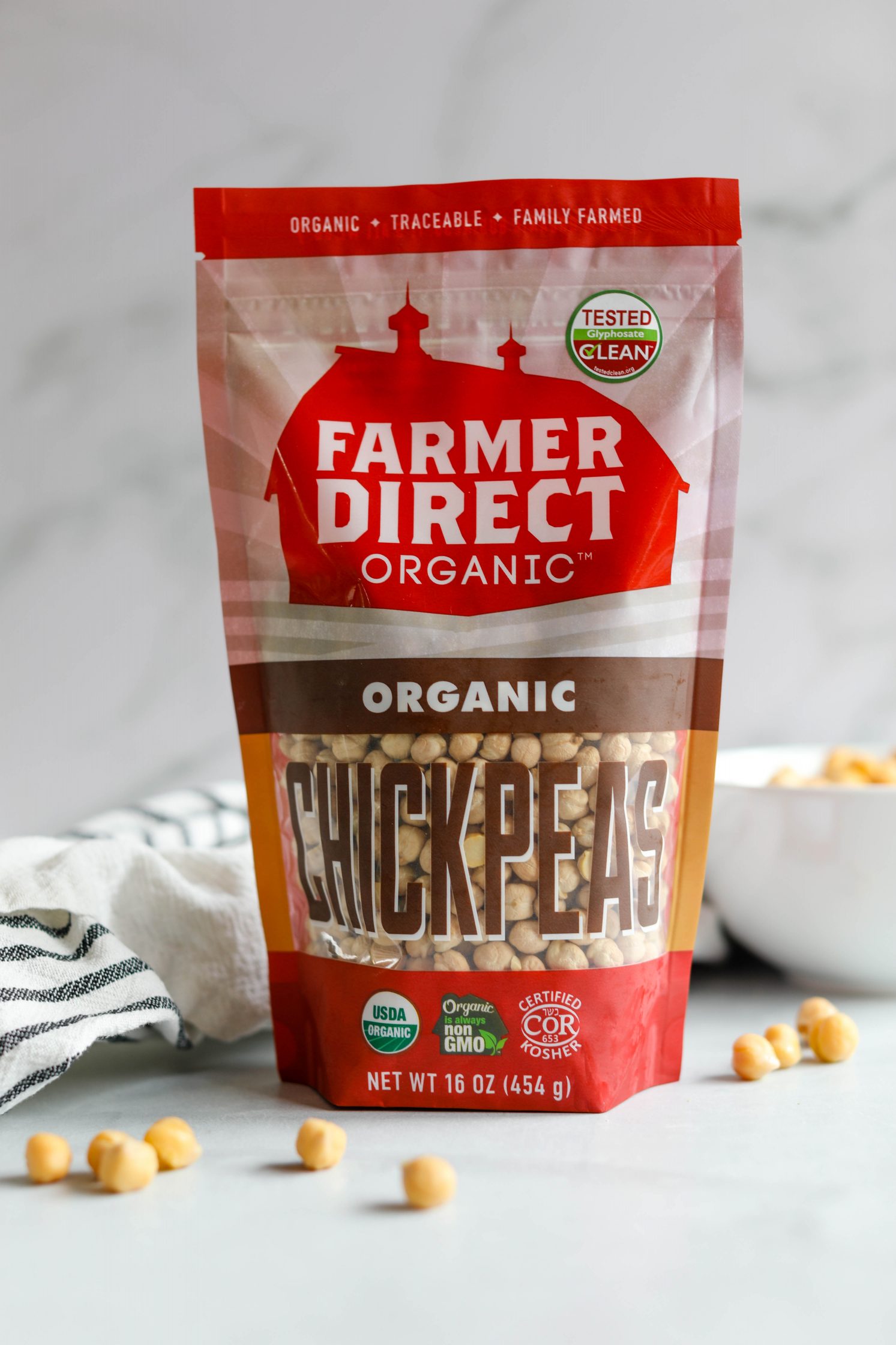 Farmer Direct Organic Chickpeas with chickpeas scattered 