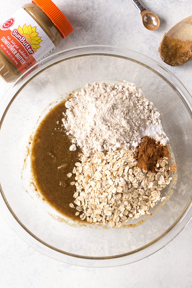 cookie dough being mixed in glass bowl by Flora & Vino