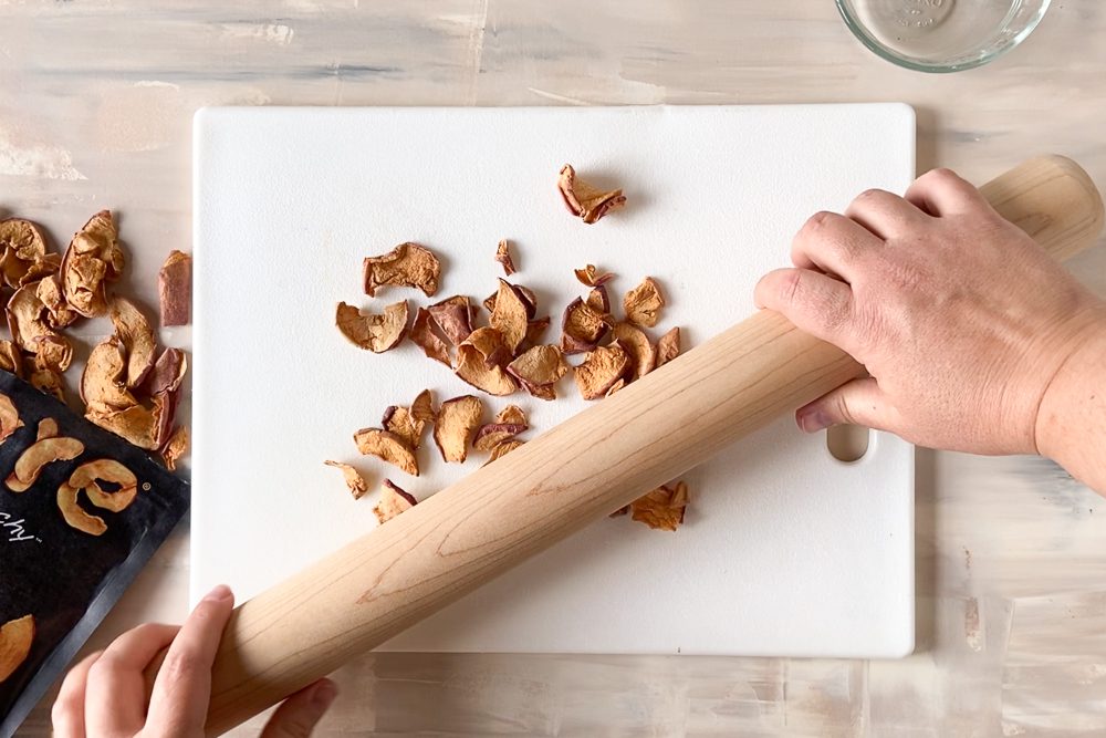 Bare Snacks apple chips crushed with rolling pin by Flora & Vino