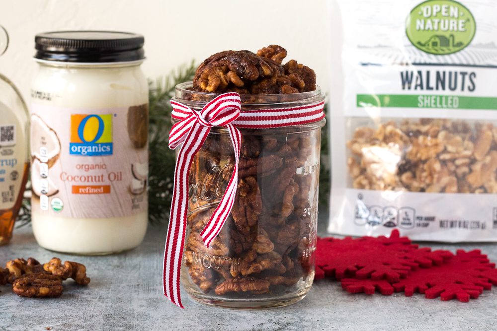 Easy Maple Spiced Nuts served in a jar with a ribbon by Flora & Vino