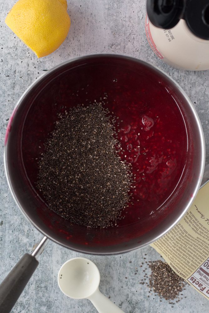 raspberry filling in stock pot with chia seeds by Flora & Vino 
